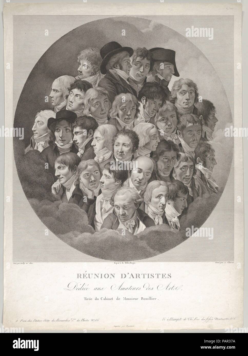 Réunion d'Artistes (Reunion of Artists). Artist: After Louis Léopold Boilly (French, La Bassée 1761-1845 Paris); Alexandre Clément (French, ca. 1775-?1808). Dimensions: Sheet: 20 1/2 × 15 1/8 in. (52 × 38.4 cm)  Image: 15 1/2 × 13 7/8 in. (39.3 × 35.2 cm). Date: 1804.  This print reflects the popularity of Boilly's painting, Reunion of Artists in Isabey's Studio (1798, Musée du Louvre, Paris). Grouped into an oval surround, the 29 heads are portraits of artists, architects, and actors, all well-known figures of the day. Museum: Metropolitan Museum of Art, New York, USA. Stock Photo