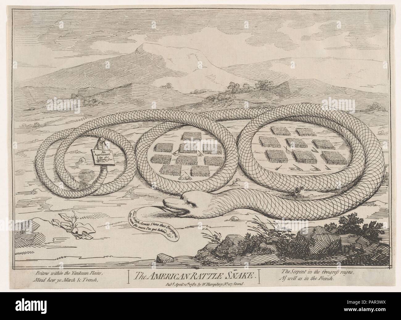 The American Rattle Snake. Artist: Attributed to James Gillray (British, Chelsea 1756-1815 London). Dimensions: plate (partly clipped): 8 5/8 x 12 11/16 in. (21.9 x 32.2 cm)  sheet: 9 7/16 x 12 15/16 in. (23.9 x 32.8 cm). Publisher: Published London by William Richardson (British, active 1778-1812). Date: April 12, 1782.  This satirical print, perhaps one of Gillray's earliest, uses a snake--a popular American symbol before the invention of the emblematic stars and stripes. The coils here surround two military camps with text below that states, 'Two British Armies I have thus Burgoyn'd, And ro Stock Photo
