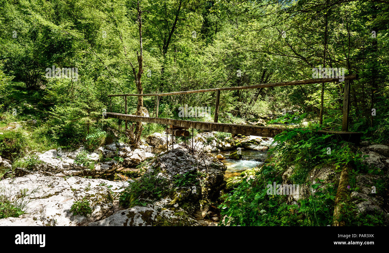 Idyllic mountain river in Lepena valley, Soca - Bovec Slovenia. Bridge over of river Lepenca when heading towards Sunik water grove. Beautiful landsca Stock Photo