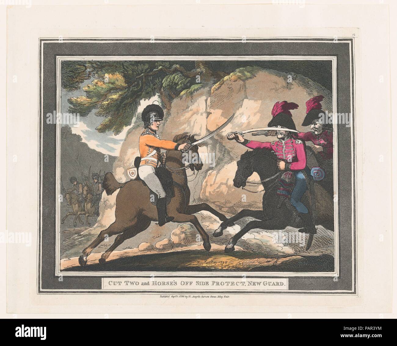 Cut Two and Horse's Off Side Protect, New Guard. Artist: Thomas Rowlandson (British, London 1757-1827 London). Dimensions: Sheet: 12 × 15 in. (30.5 × 38.1 cm)  Plate: 10 13/16 × 13 1/16 in. (27.4 × 33.1 cm). Publisher: Henry Angelo (British, London 1756-1835 London). Series/Portfolio: Hungarian and Highland Broadsword. Date: September 1, 1798. Museum: Metropolitan Museum of Art, New York, USA. Stock Photo