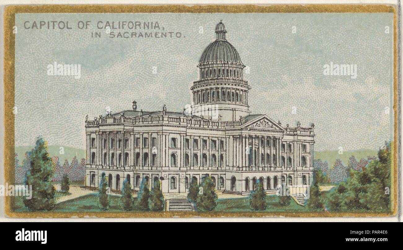 Capitol of California in Sacramento, from the General Government and State Capitol Buildings series (N14) for Allen & Ginter Cigarettes Brands. Dimensions: Sheet: 1 1/2 x 2 3/4 in. (3.8 x 7 cm). Lithographer: The Gast Lithograph & Engraving Company (American, New York). Publisher: Issued by Allen & Ginter (American, Richmond, Virginia). Date: 1889.  Trade cards from the 'General Government and State Capitol Buildings' series (N14), issued in 1889 in a set of 50 cards to promote Allen & Ginter brand cigarettes. Museum: Metropolitan Museum of Art, New York, USA. Stock Photo