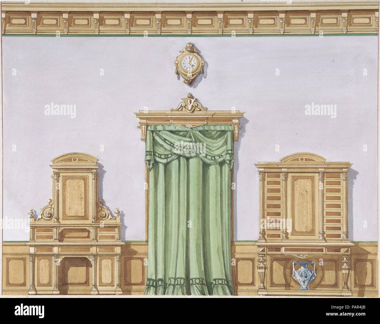 Interior Design With A Central Door Covered By Green Drapery