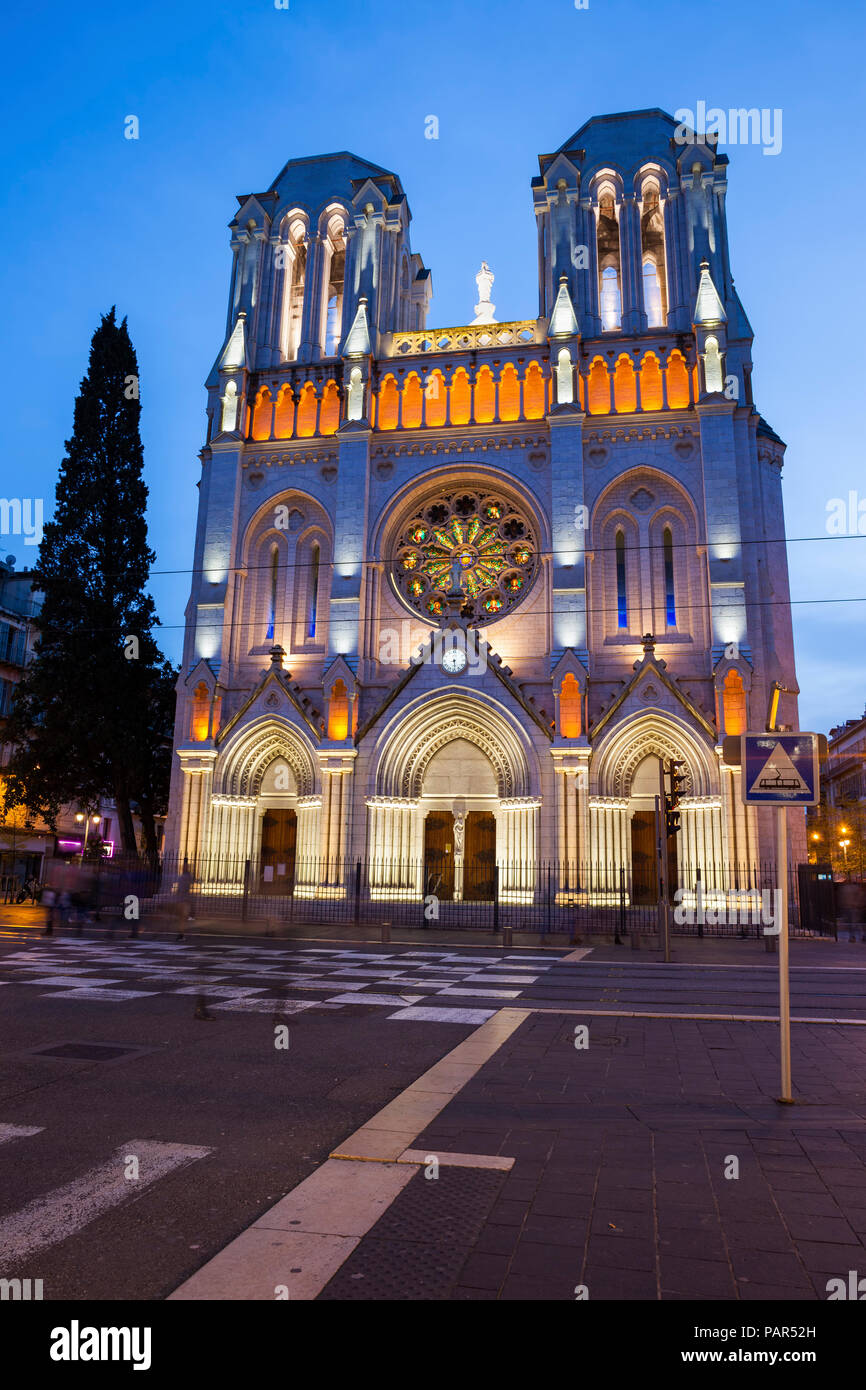 France, Provence-Alpes-Cote d'Azur, Nice, Basilica of Notre-Dame de Nice at dusk Stock Photo