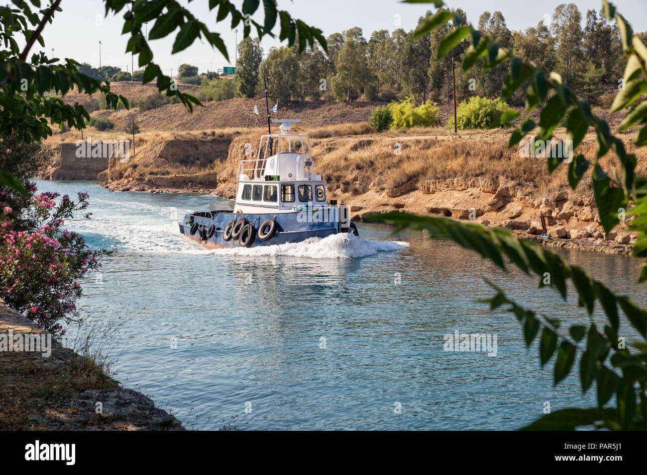 Greece, Corinthia, corinth canal, fishing boat Stock Photo