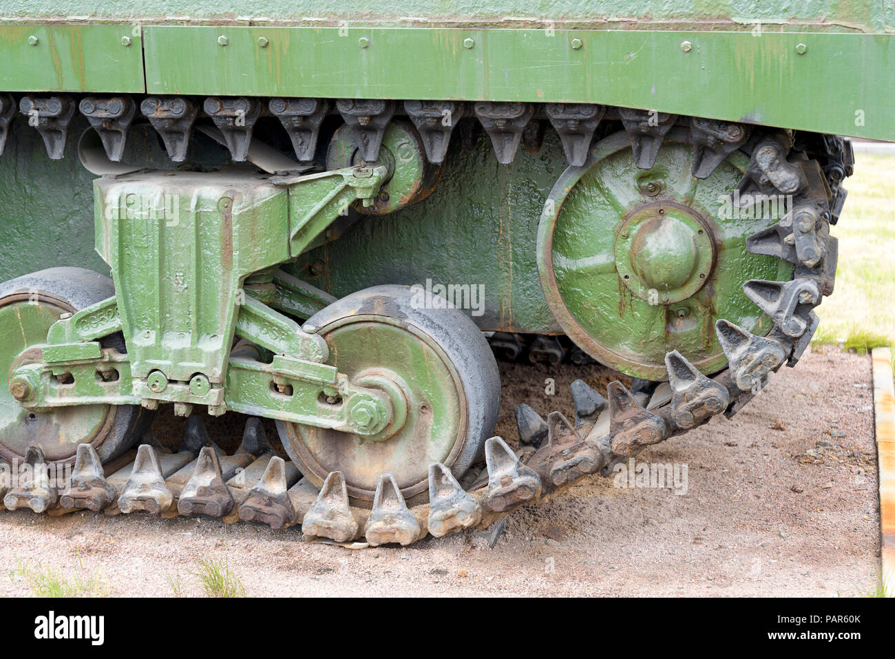 Tank caterpillar tread with wheels. Modern military equipment Stock