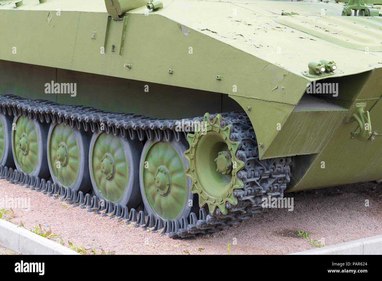 Tank caterpillar tread with wheels. Modern military equipment. Stock Photo