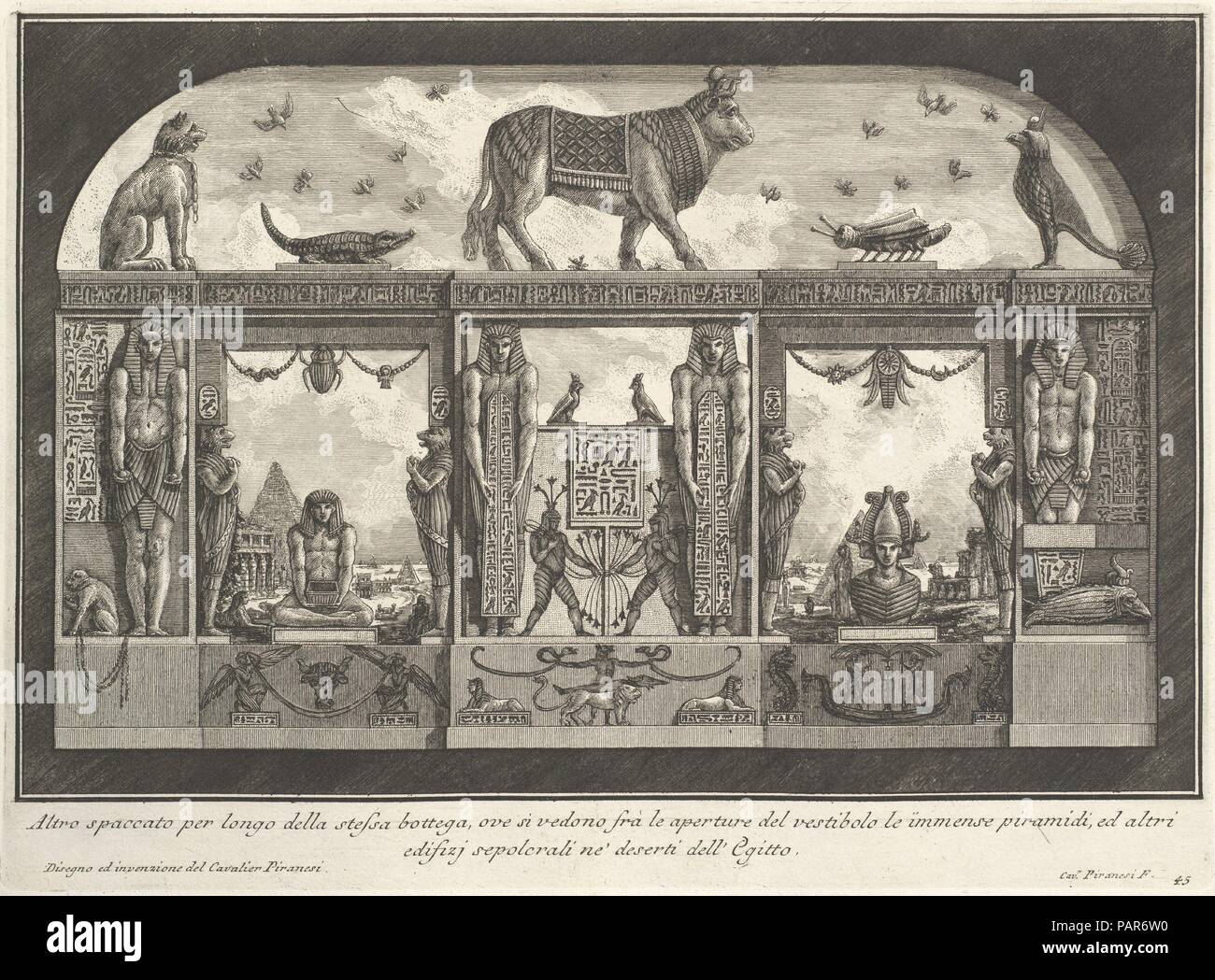 Egyptian decoration of the Caffè degli Inglesi: Animals on the cornice, including a bull at the center, from Diverse Maniere d'adornare i cammini... (Diverse Ways of ornamenting chimneypieces...). Artist: Giovanni Battista Piranesi (Italian, Mogliano Veneto 1720-1778 Rome). Dimensions: Sheet: 21 7/16 x 15 3/16 in. (54.5 x 38.5 cm)  Plate: 9 5/16 x 12 5/8 in. (23.7 x 32 cm) printed horizontally. Series/Portfolio: Diverse Maniere d'adornare i cammini ed ogni altra parte degli edifizi desunte dall'architettura Egizia, Etrusca, e Greca con un Ragionamento Apologetico in defesa dell'Architettura Eg Stock Photo
