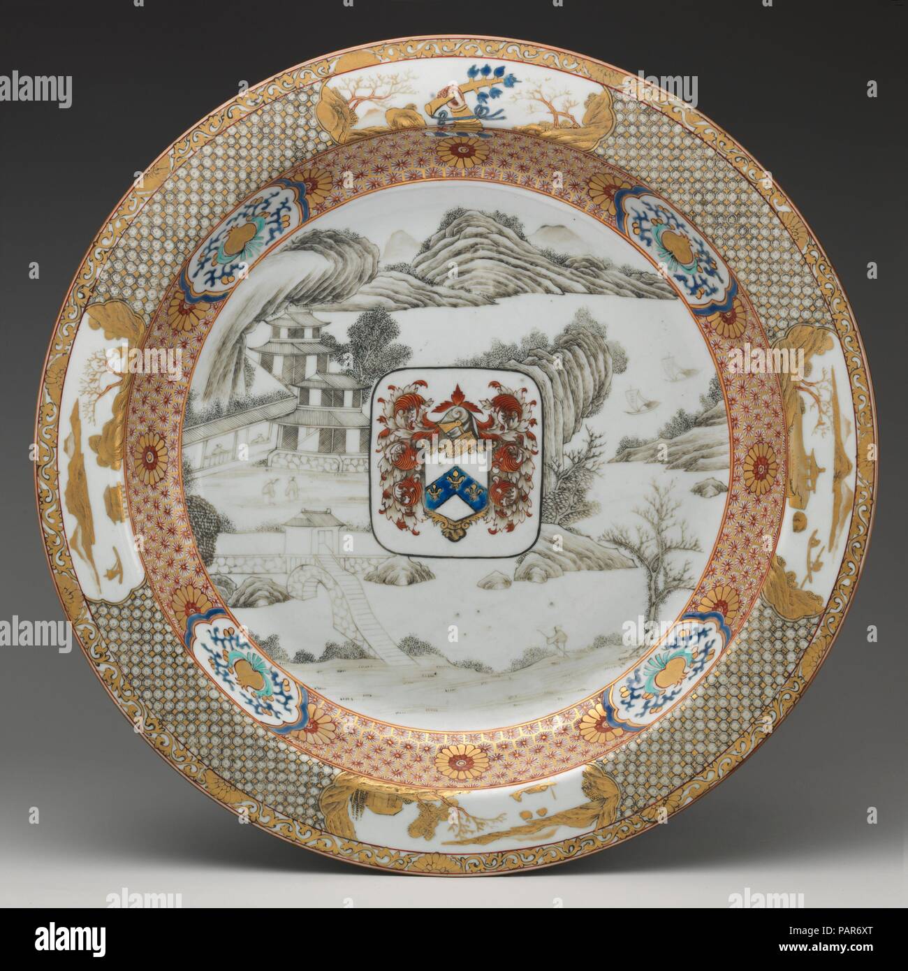 Plate. Culture: Chinese, for British market. Dimensions: Overall: 2 3/8 × 15 1/4 in. (6 × 38.7 cm). Date: 1725-30.  This dish is part of a service made for John Elwick of Cornhill, London (died 1730), who was a director of the English East India Company, the firm that dominated the British trade with India and China. Museum: Metropolitan Museum of Art, New York, USA. Stock Photo