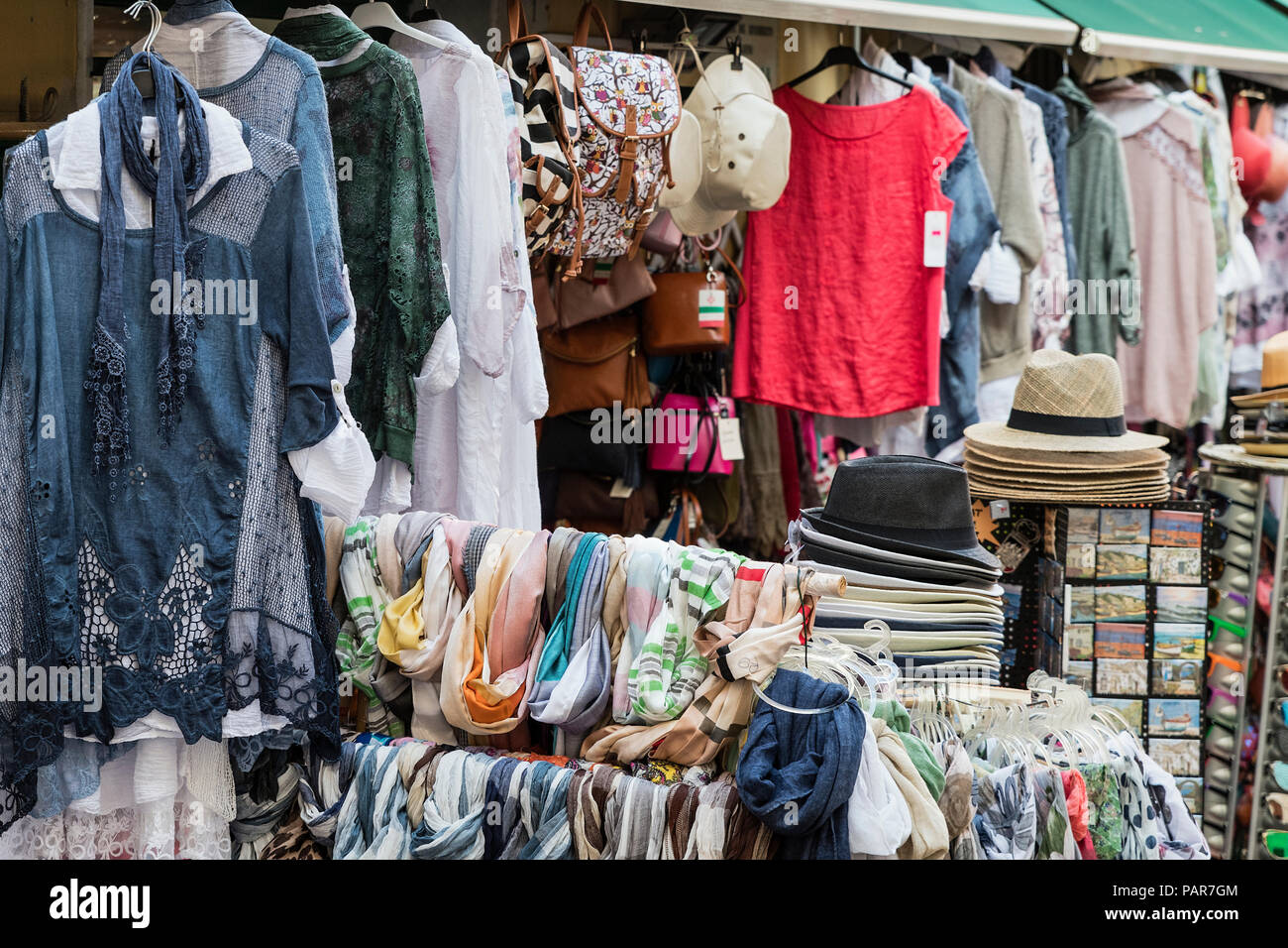 Outdoor clothing vendor, Monterosso al Mare, Cinque Terre,, Italy Stock Photo