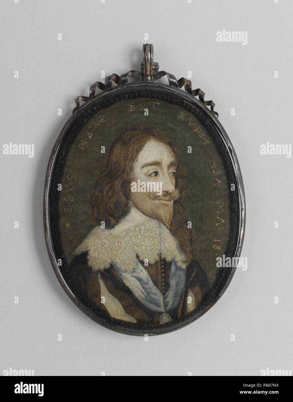 Charles I. Artist: After an engraving of by Wenceslaus Hollar (Bohemian, Prague 1607-1677 London). Culture: British. Dimensions: H. 6 x W. 4 1/2 inches (15.2 x 11.4 cm). Date: 1650-70.  This miniature portrait of Charles I is one of the most technically accomplished examples of professional seventeenth-century needlework. In addition to this miniature, other examples include: two in the Victoria and Albert Museum, one in the Wallace Collection in London, one in Rosenborg Castle in Copenhagen, and one in the collection of John H. Bryan, which is housed in a silver-gilt frame engraved with the r Stock Photo