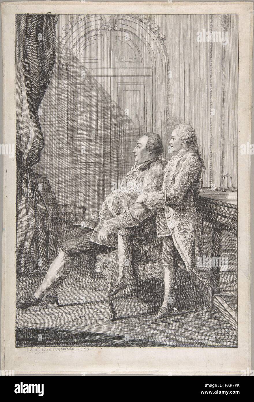Portrait of Louis-Philippe, Duc d'Orleans and His Son Louis-Phillipe Joseph, Duc de Chartres. Artist: Louis de Carmontelle (French, Paris 1717-1806 Paris). Dimensions: Sheet: 11 11/16 × 7 7/8 in. (29.7 × 20 cm)  Plate: 11 5/8 x 7 3/4in. (29.5 x 19.7cm). Date: 1759.  Born into the lower classes, Carmontelle served as aide-de-camp and topographer to the Orléans regiment during the Seven Years War, when his caricatures gained him considerable popularity.  After the war he was employed by the Orléans household in various capacities, including reader to the young duc de Chartres.  Carmontelle is be Stock Photo