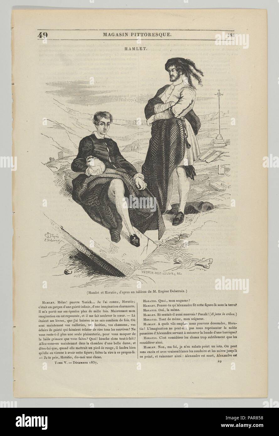 Wood engraving after painting by Delacroix of Hamlet and Horatio. Artist: After Eugène Delacroix (French, Charenton-Saint-Maurice 1798-1863 Paris). Dimensions: Image: 7 1/2 x 5 15/16 in. (19 x 15.1 cm)  Sheet: 11 11/16 x 7 11/16 in. (29.7 x 19.5 cm). Engraver: Andrew, Best, Leloir (French). Subject: William Shakespeare (British, Stratford-upon-Avon 1564-1616 Stratford-upon-Avon). Date: December 1837. Museum: Metropolitan Museum of Art, New York, USA. Stock Photo
