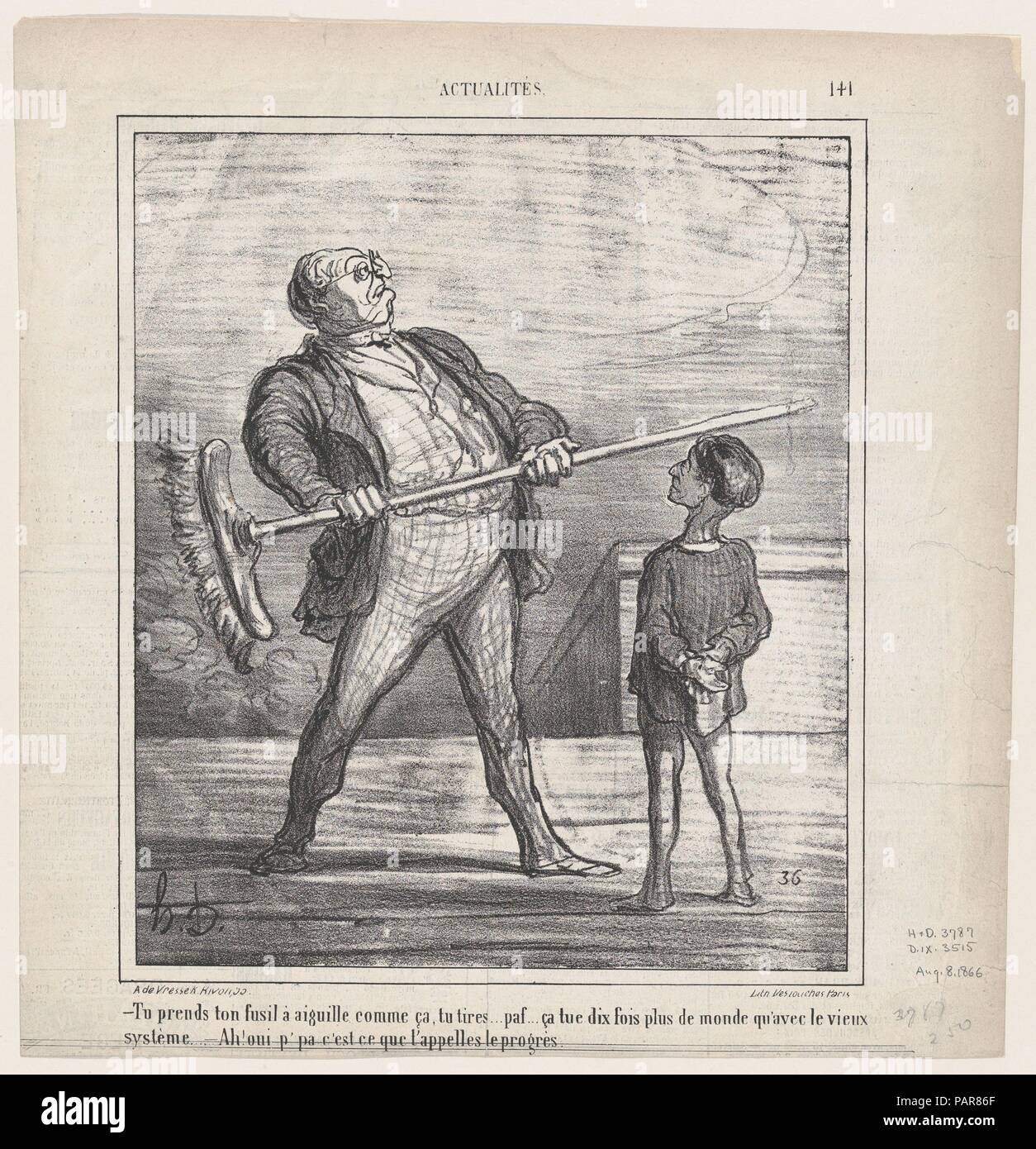 -You take your pin-gun in your hand like this.... you fire... puff... this kills ten times more people than the old system... -Ah, yes papa, this is what one calls progress, from 'News of the day,' published in Le Charivari, August 8, 1866. Artist: Honoré Daumier (French, Marseilles 1808-1879 Valmondois). Dimensions: Image: 9 5/16 in. × 8 in. (23.7 × 20.3 cm)  Sheet: 11 7/16 × 11 1/8 in. (29.1 × 28.2 cm). Printer: Destouches (Paris). Publisher: Arnaud de Vresse. Series/Portfolio: 'News of the day' (Actualités). Date: August 8, 1866. Museum: Metropolitan Museum of Art, New York, USA. Stock Photo