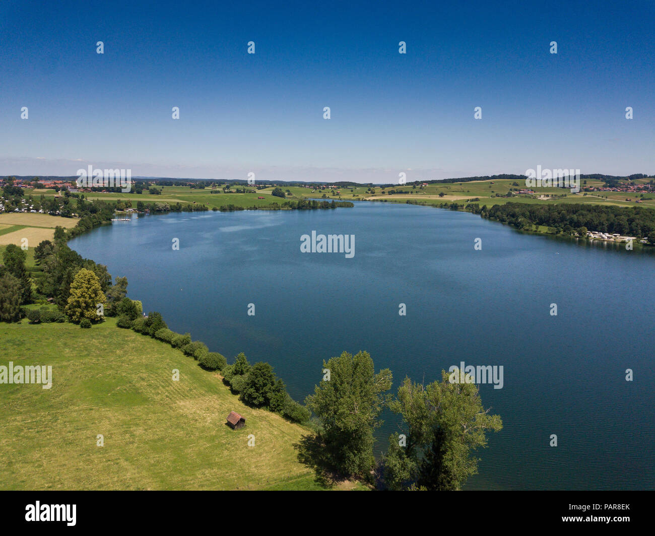 Aerial view, Riegsee, Blue Land, Bavaria, Germany Stock Photo