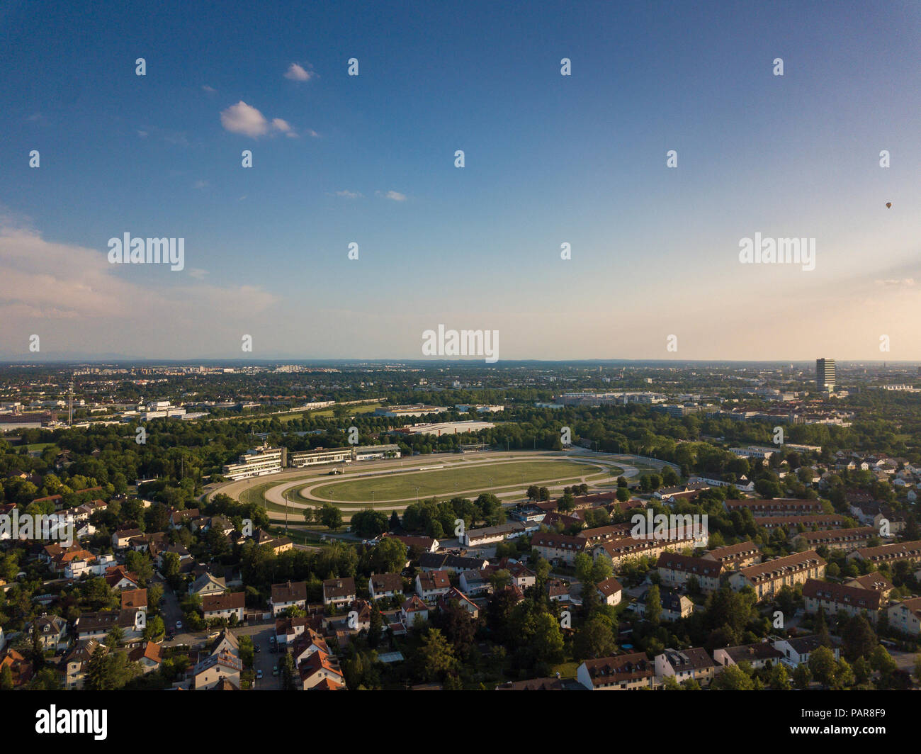 Aerial view, harness racing track and surroundings, Daglfing, Munich, Upper Bavaria, Bavaria, Germany Stock Photo