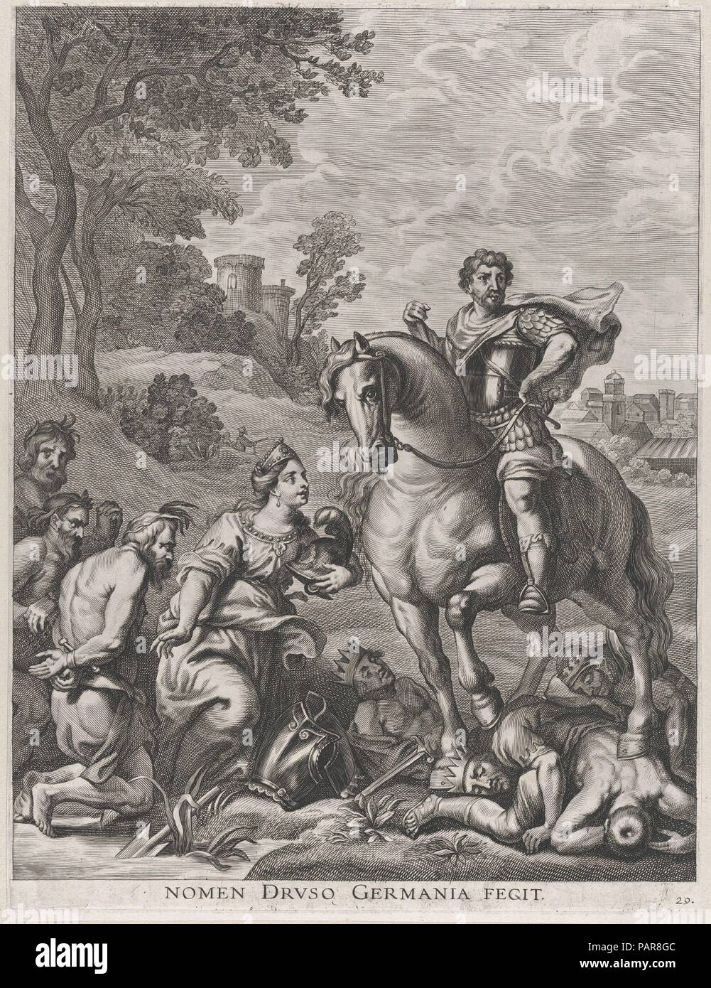 Plate 29: Germany conquered by Drusus; from Guillielmus Becanus's 'Serenissimi Principis Ferdinandi, Hispaniarum Infantis...'. Artist: Jacob Neeffs (Flemish, Antwerp 1610-after 1660 Antwerp). Dimensions: Sheet (Trimmed): 15 11/16 × 11 7/8 in. (39.8 × 30.1 cm). Published in: Antwerp. Publisher: Johannes Meursius (Flemish, active 1620-47). Date: 1636.  On January 28, 1635, the city of Ghent celebrated the entry of Cardinal-Infante Ferdinand of Spain, the recently appointed governor of the Southern Netherlands. A group of Flemish artists were commissioned to create paintings for the decoration of Stock Photo