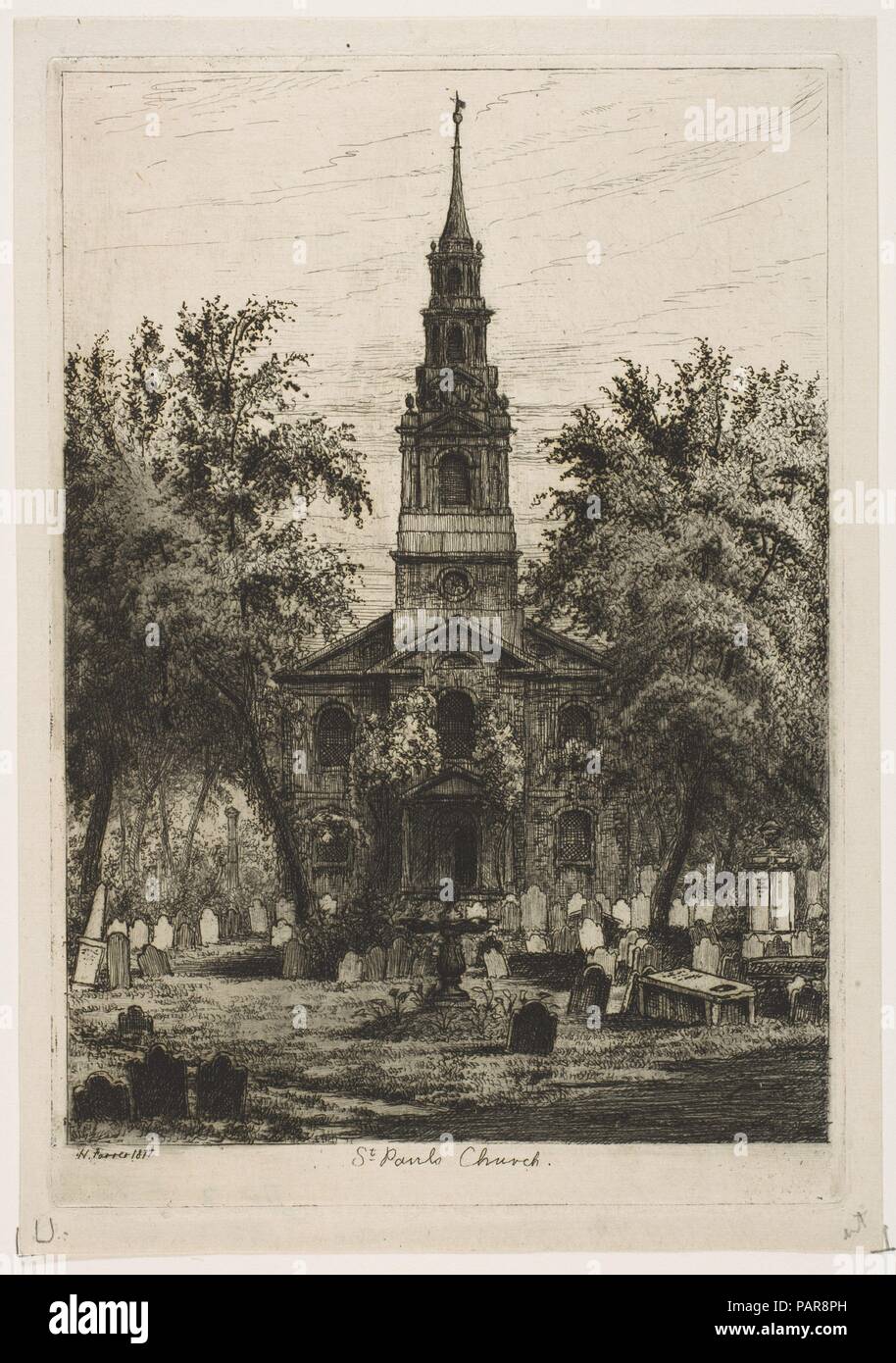 St. Paul's Chapel, New York (from Scenes of Old New York). Artist: Henry Farrer (American, London 1844-1903 New York). Dimensions: plate: 7 1/4 x 5 in. (18.4 x 12.7 cm)  sheet: 7 13/16 x 5 7/16 in. (19.8 x 13.8 cm). Date: 1877. Museum: Metropolitan Museum of Art, New York, USA. Stock Photo
