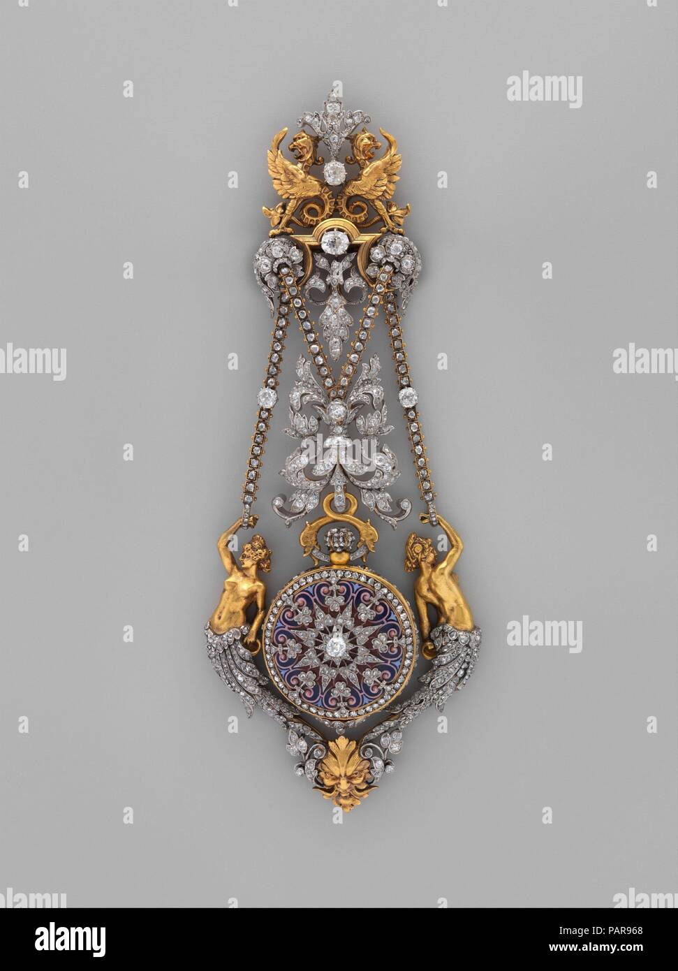 Watch and chatelaine. Culture: French, Paris. Dimensions: Overall: 6 1/4 ×  2 3/8 in. (15.9 × 6 cm); Diameter (back plate): 1 1/16 in. (2.7 cm). Maker:  Case maker: Hippolyte Téterger (French,