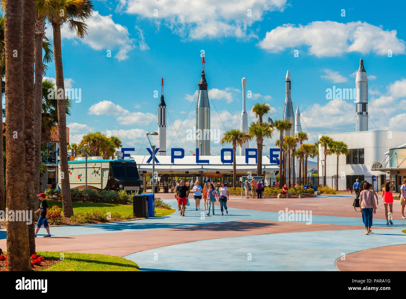 Entrance to Kennedy Space Center Visitor Complex in Cape Canaveral, Florida, USA. Stock Photo