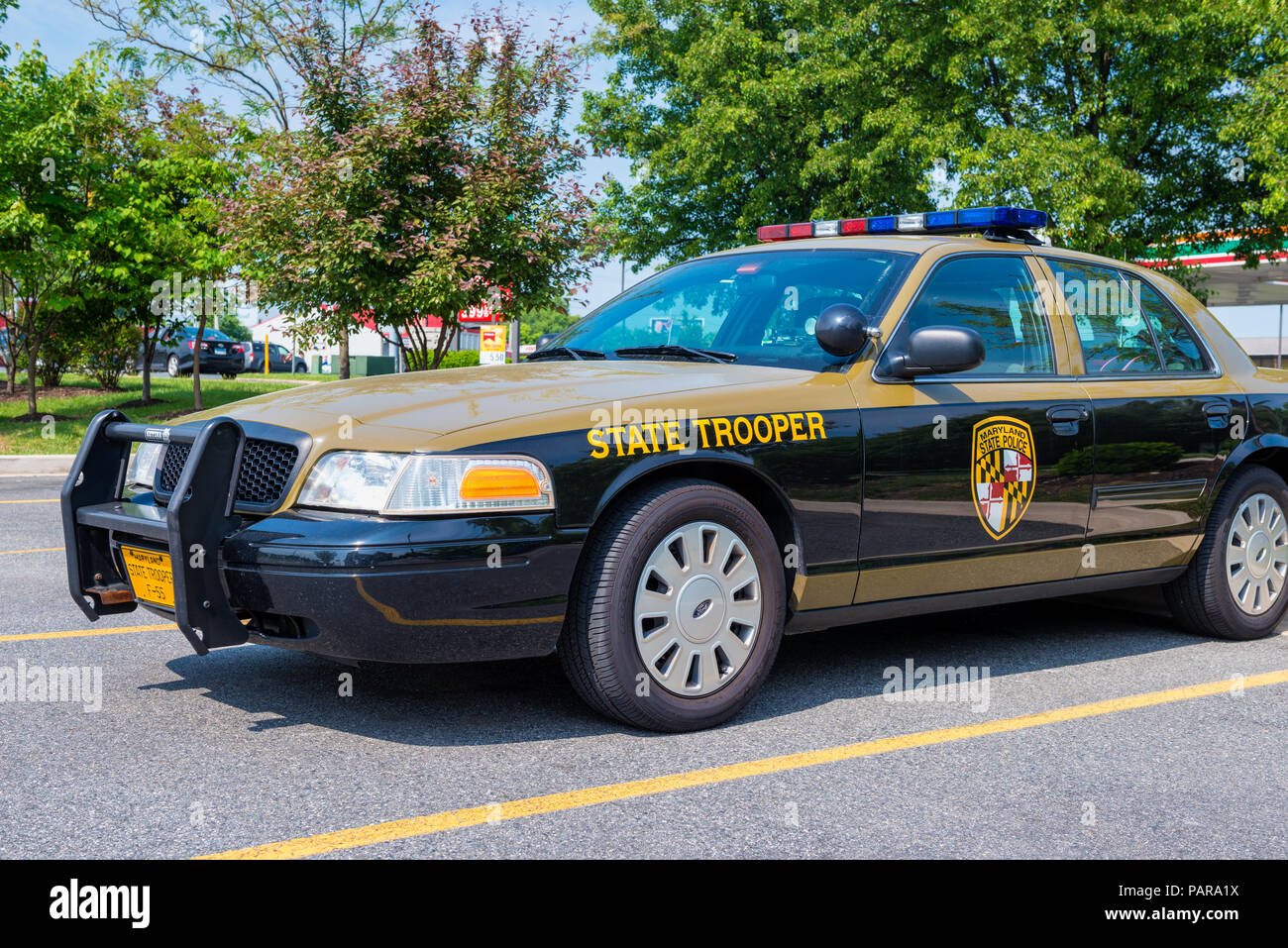 State Trooper Police Car from the Maryland State Police on parking lot in Elkton, Maryland, USA Stock Photo