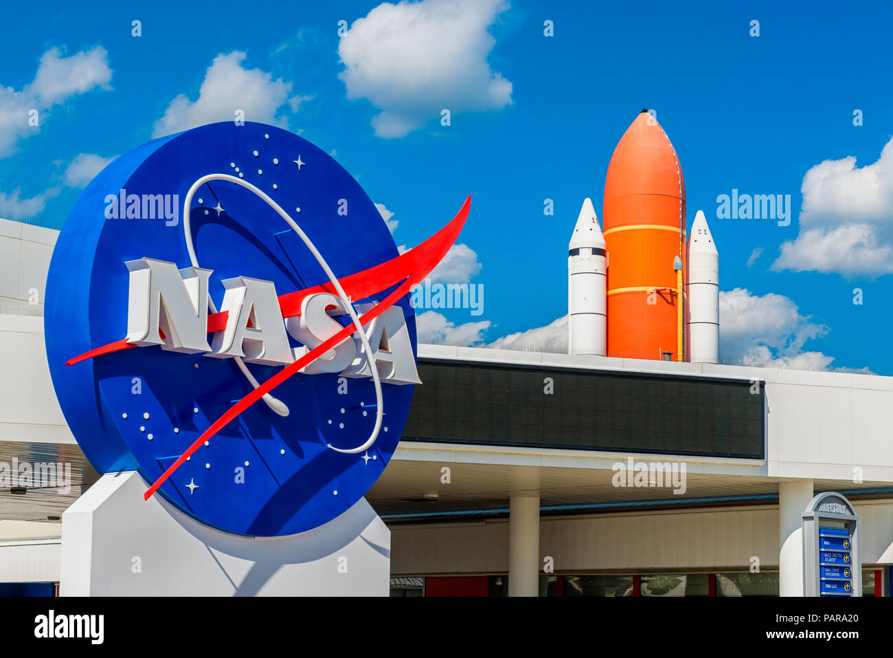 NASA Logo and Atlantis Space Shuttle at Kennedy Space Center Visitor Complex in Cape Canaveral, Florida, USA Stock Photo