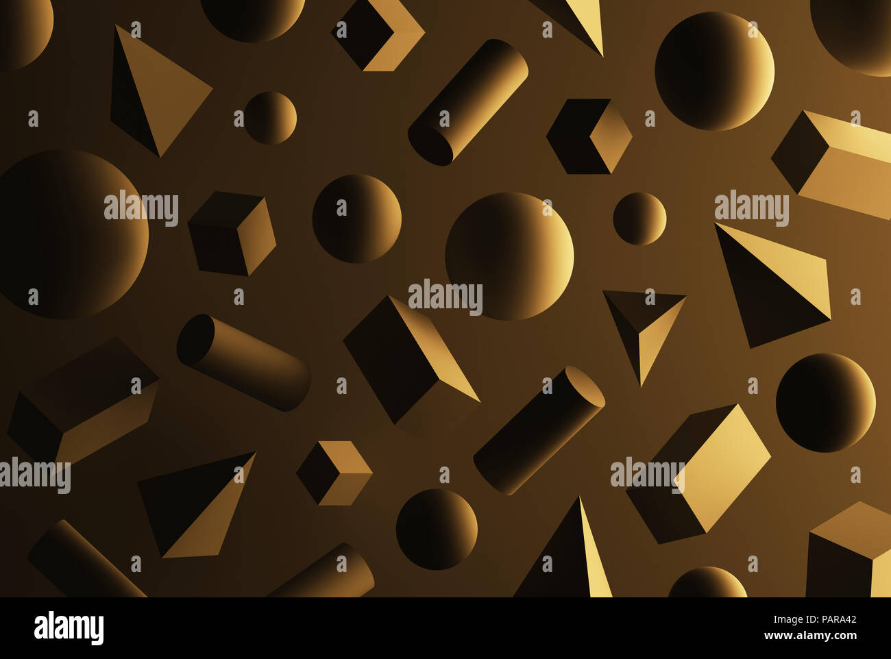 Cubes, pyramids, spheres and cuboids in front of brown background Stock Photo