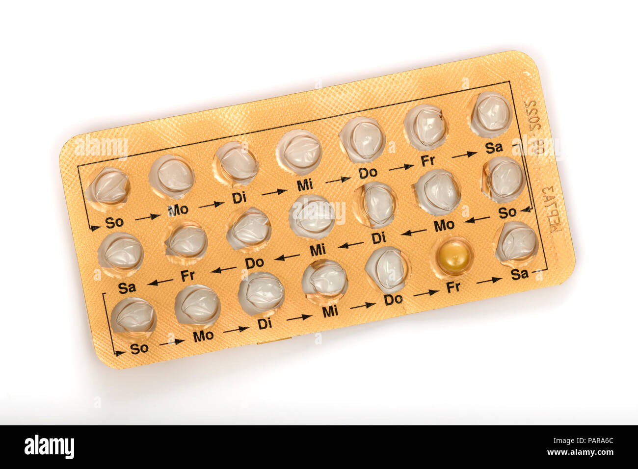 Symbolic picture contraception, birth control pill in blister pack, monthly pack, cut out Stock Photo