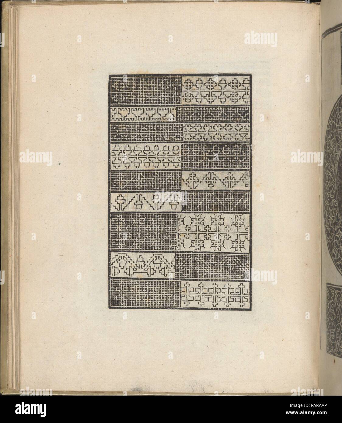 Trionfo Di Virtu. Libro Novo..., page 20 (recto). Dimensions: Overall: 9 13/16 x 7 7/8 in. (25 x 20 cm). Publisher: Matteo Pagano (Italian, 1515-1588) , Venice. Date: 1563.  Published by Matteo Pagano, Italian, 1515-1588, Venice.  From top to bottom, and left to right:  Design composed of 2 horizontal registers. Top register is decorated with a pattern of diamonds, inside each one is a rectangle ornamented with a black-and-white checkerboard pattern. Bottom register is decorated with a circle ornamented with a geometric interlace pattern that forms an 8-pointed star in the center; surrounding  Stock Photo