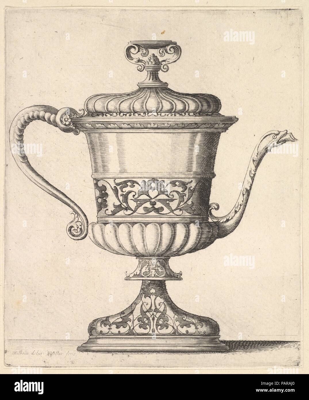 Jug With Lid Engraved With Arabesque Pattern The Narrow Spout To Right Ending In Snake S Head Handle To Left Artist After Hans Holbein The Younger German Augsburg 1497 98 1543 London Wenceslaus Hollar Bohemian