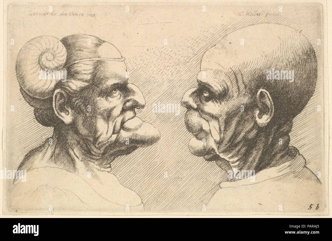 Two deformed heads facing each other. Artist: After Leonardo da Vinci (Italian, Vinci 1452-1519 Amboise). Dimensions: Sheet: 3 1/16 × 4 5/8 in. (7.8 × 11.7 cm). Etcher: Wenceslaus Hollar (Bohemian, Prague 1607-1677 London). Date: 1625-77.  On the left an old woman with an enormous chin and a ram's horn tied to a string around her forehead faces am old man with a bulbous head and sagging cheeks.  After Leonardo. Museum: Metropolitan Museum of Art, New York, USA. Stock Photo