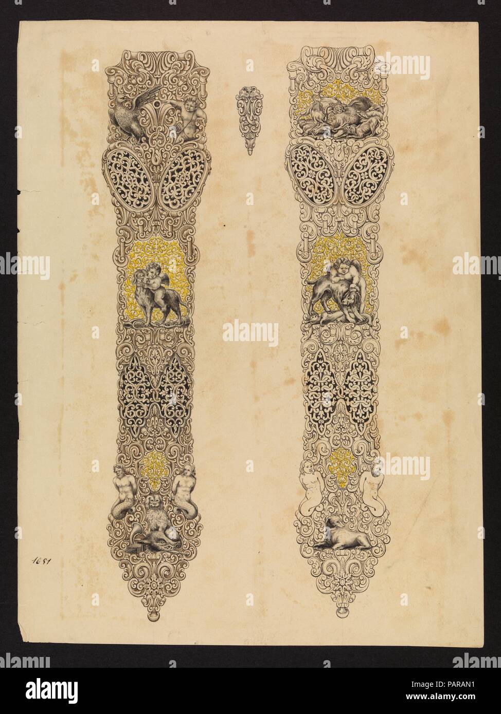 Design for Two Sides of a Dagger Sheath. Culture: Spanish. Designer: Eusebio Zuloaga (Spanish, Madrid and Eibar 1808-1898). Dimensions: 13 5/8 x 10 1/8 in. (34.5 x 25.7 cm). Date: ca. 1850-55. This sheet and two others in the collection (acc. nos. 2015.99 and 2015.101) are rare examples of finished design drawings for the decoration of firearms and edged weapons created in the workshop of Eusebio Zuloaga, gunmaker to the Spanish monarchs, keeper of the Royal Armory in Madrid, and the most famous Spanish metalworker of the mid-nineteenth century. This sheet shows both sides of a luxurious knif Stock Photo
