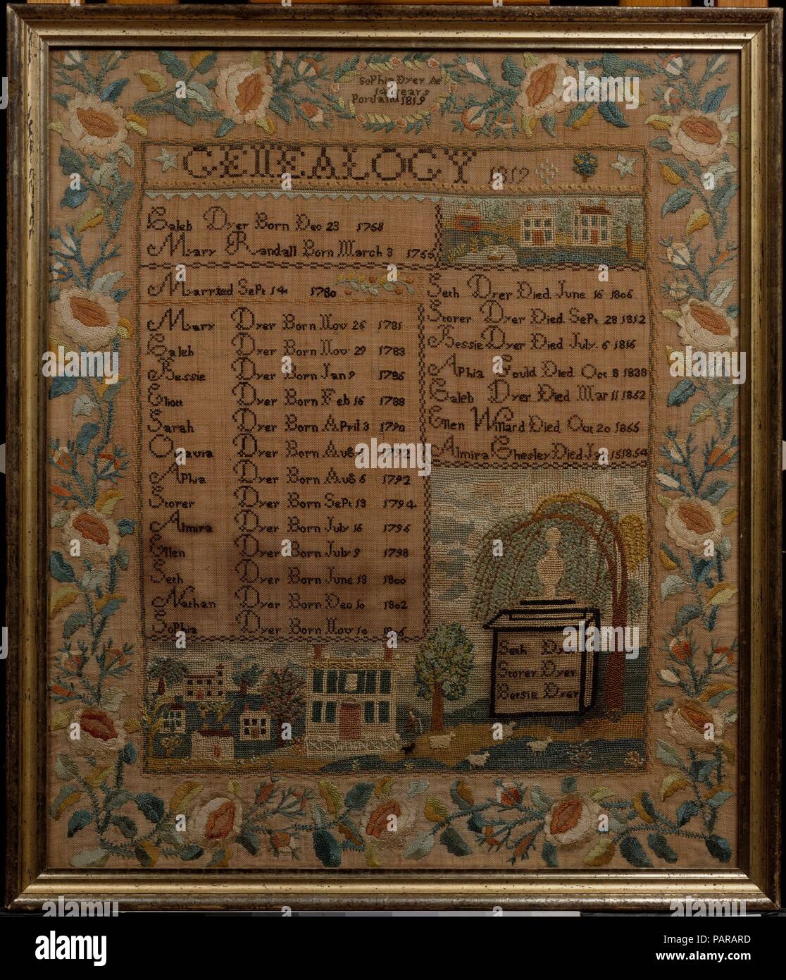 Embroidered Sampler. Culture: American. Dimensions: 25 x 21 1/2 in. (63.5 x 54.6 cm). Maker: Sophia Dyer (born 1805). Date: 1819.  Portland, Maine schoolgirls produced a distinctive group of genealogical samplers. Following a prescribed format, these samplers list the birth and marriage dates of the parents; and the name and birth date of each of their children. Also characteristic are townscapes with white clapboard Federal houses and elegant borders of roses, rosebuds and leafy vines. Museum: Metropolitan Museum of Art, New York, USA. Stock Photo