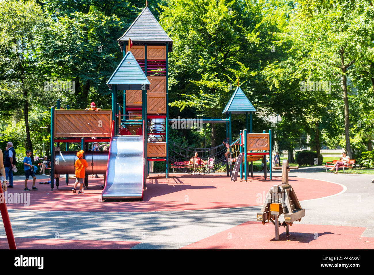 Large playground, big slide, Ciani Park, Lugano, Lake Lugano, Switzerland Stock Photo