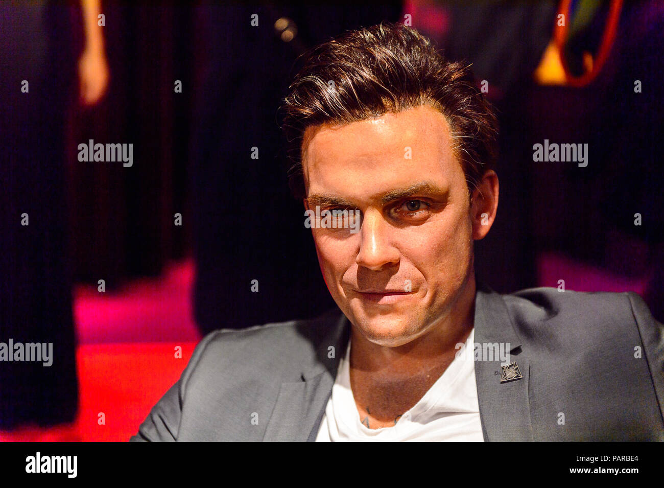 AMSTERDAM, NETHERLANDS - OCT 26, 2016: Robbie Williams, Madame Tussauds wax museum in Amsterdam. One of the popular touristic attractions Stock Photo