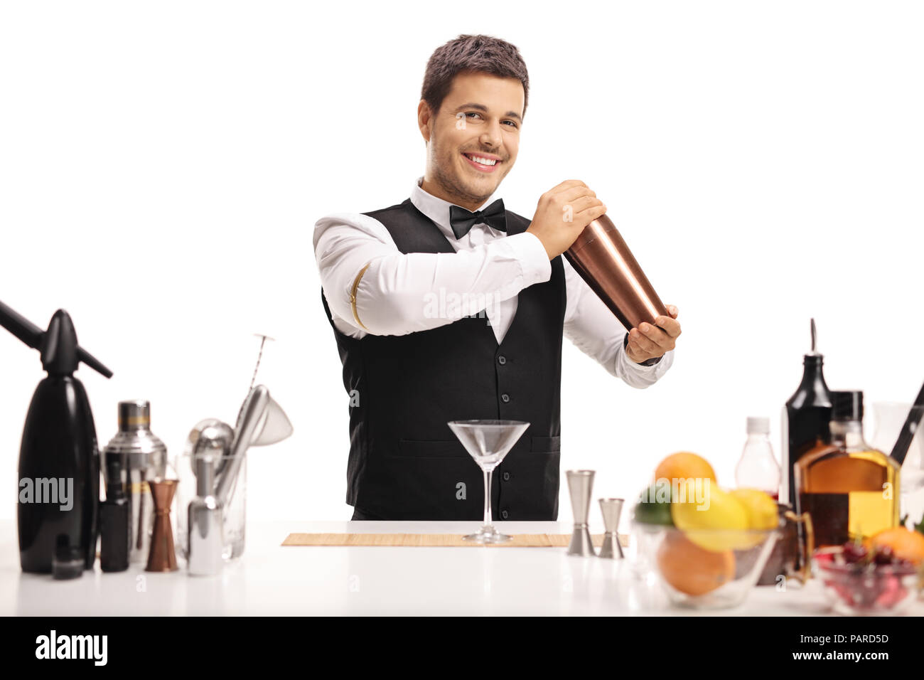 Barman with a shaker isolated on white background Stock Photo - Alamy