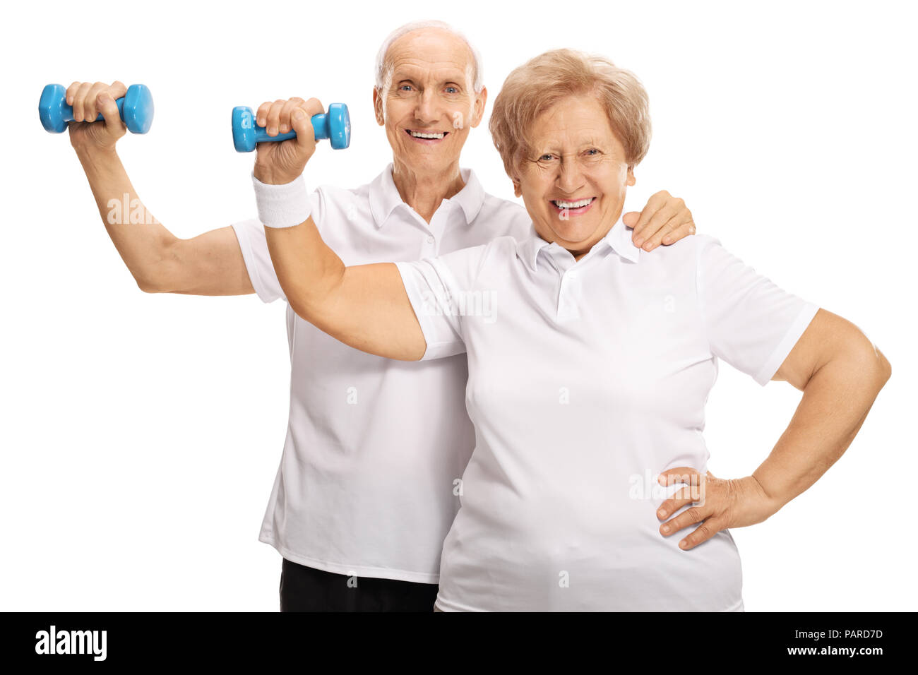Elderly couple exercising with dumbbells isolated on white background Stock Photo