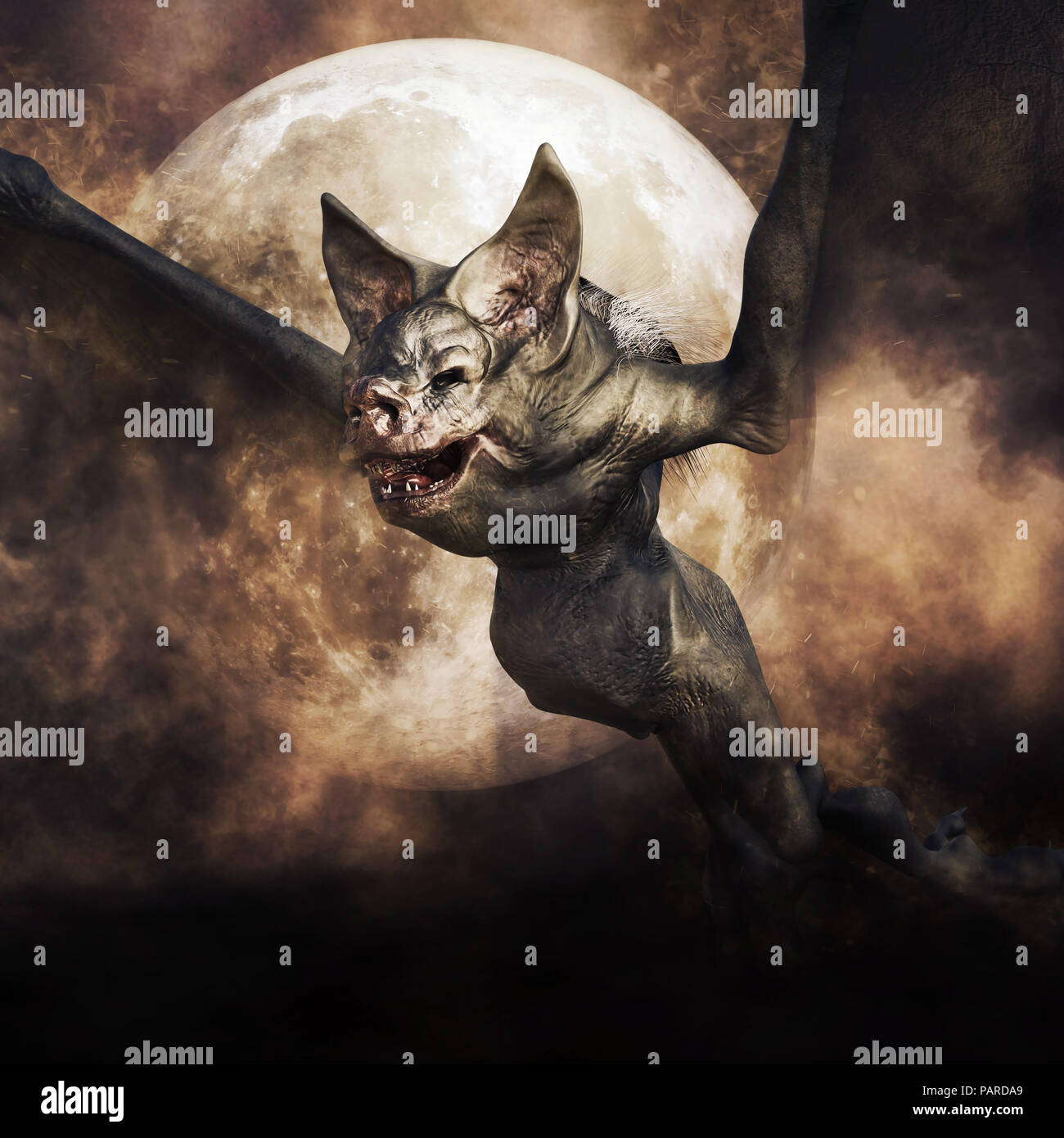 Monster bat flying in the air agaist the full moon sky. 3D render Stock ...