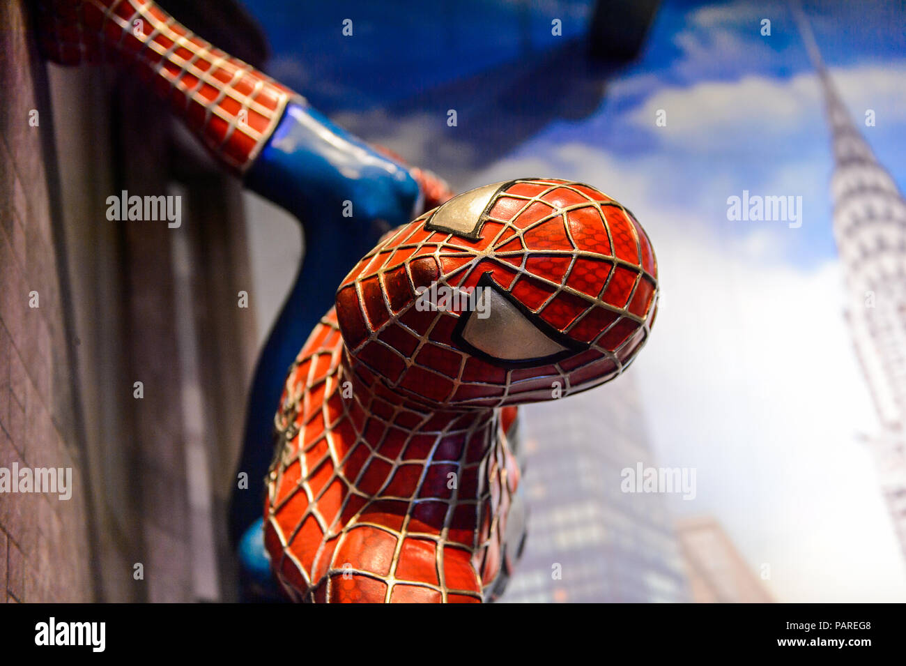 AMSTERDAM, NETHERLANDS - JUN 1, 2015: Spiderman in the Madame Tussauds museum in Amsterdam. Spider man is a fictional character created by Stan Lee Stock Photo