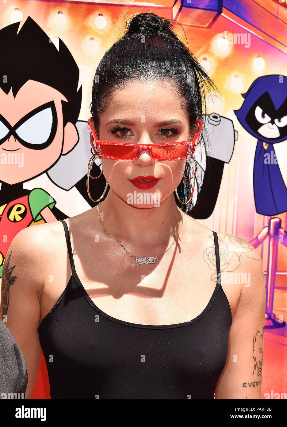 HOLLYWOOD, CA - JULY 22: Halsey  attends the premiere of Warner Bros. Animations' 'Teen Titans Go! To The Movies' TCL Chinese Theatre on July 22, 2018 in Hollywood, California. Stock Photo