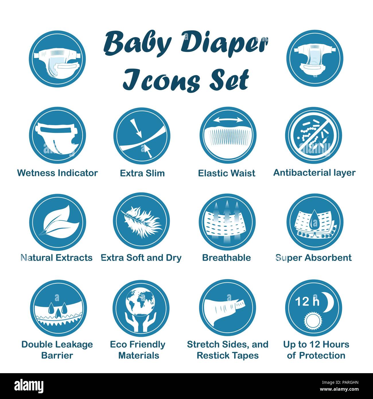 Diaper characteristics icons. Natural extracts, slim, antibacterial