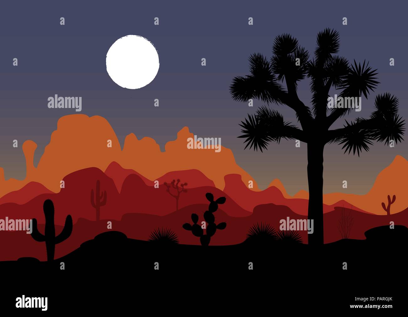 Night landscape with Joshua tree, cactus, and mountains. Vector illustration Stock Vector