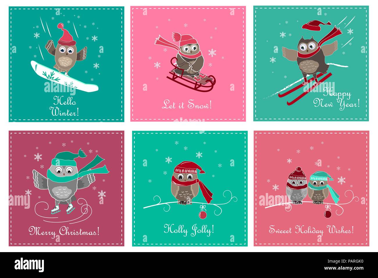 Set of greeting card with cute owls. Christmas and New Year cards with ...