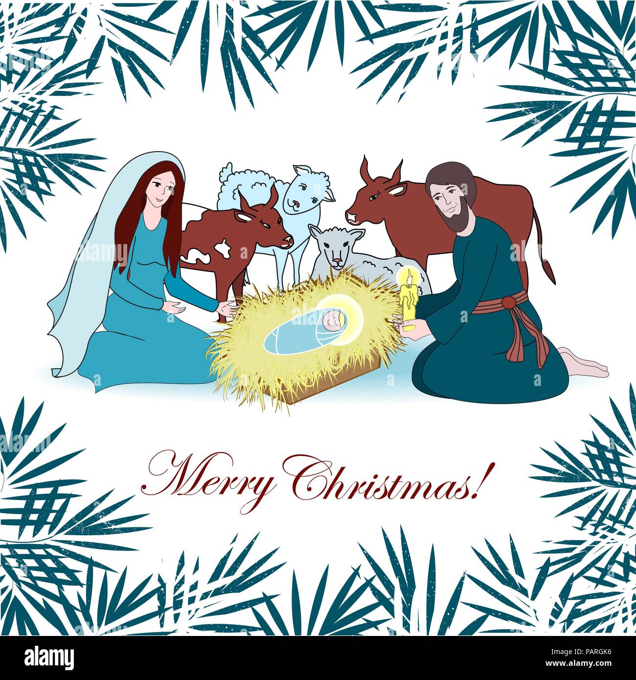 Download Nativity scene with saint family and animals. Cartoon vector illustration Stock Vector Art ...