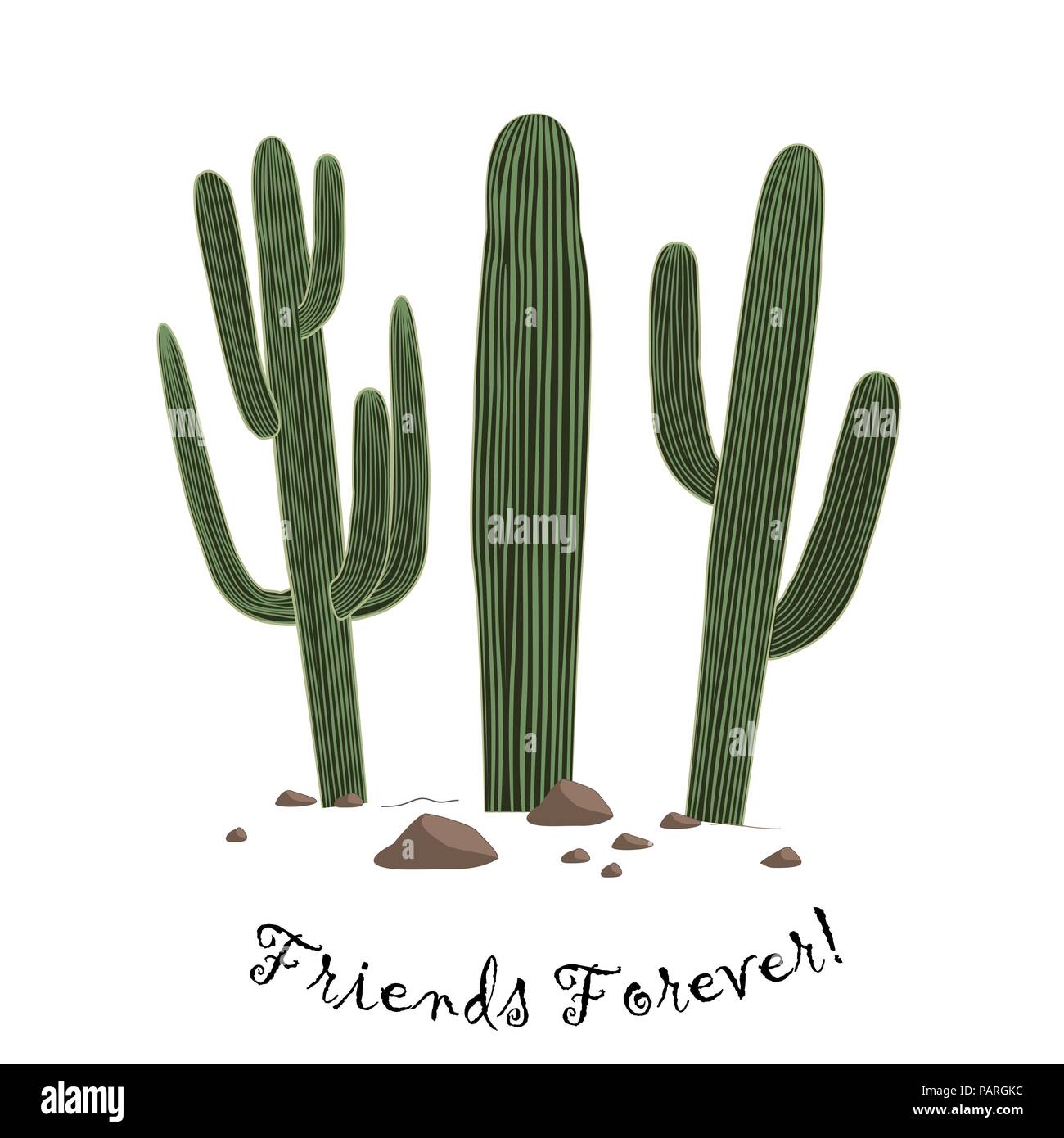 Set of three cute cartoon Saguaro cactus . Friends forever text. Card could be used for cards or prints. Stock Vector