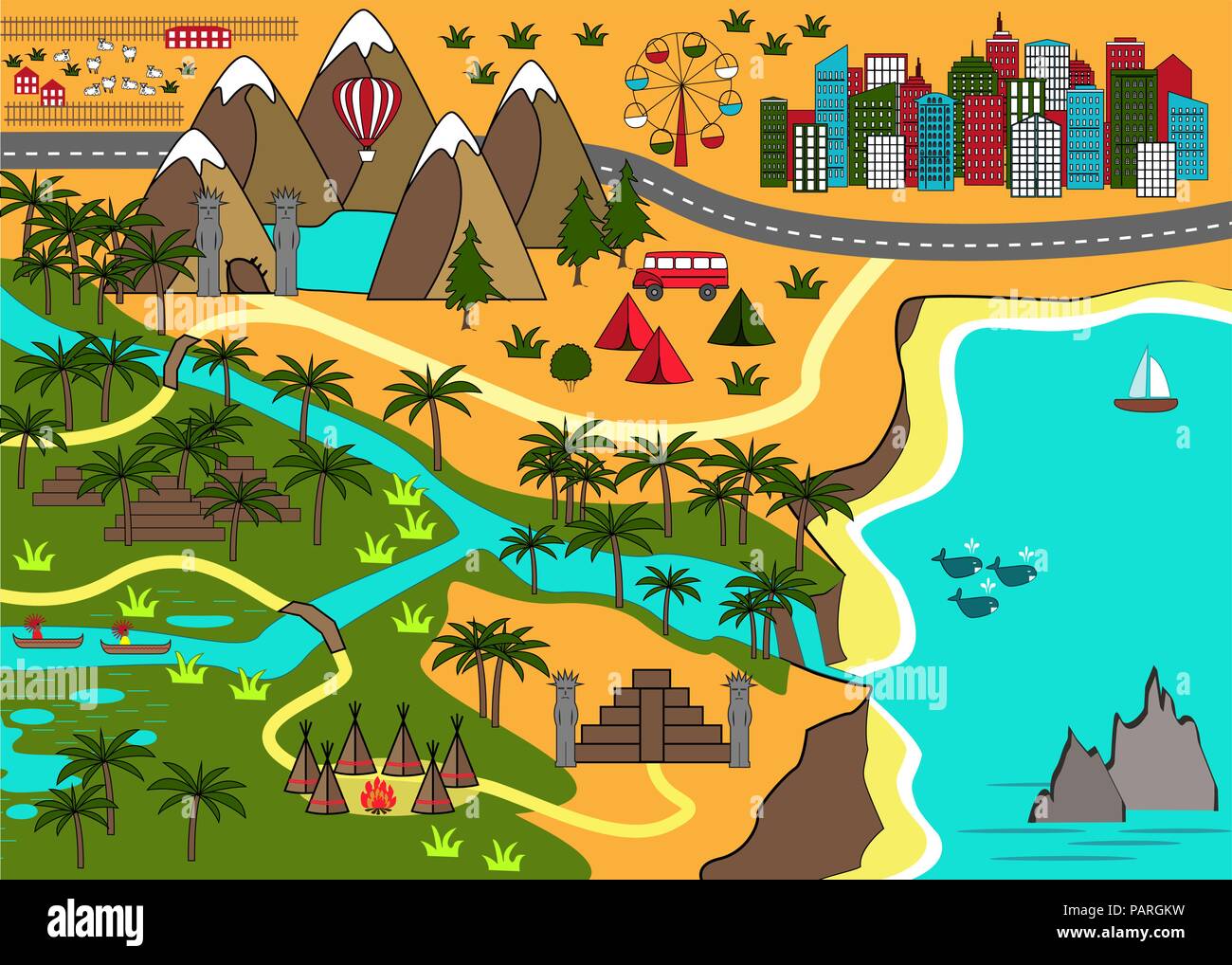Cartoon map with sea, mountains, river, waterfall, injun tents, cave, and city. Adventure space for kids mats, games design, books and other Stock Vector