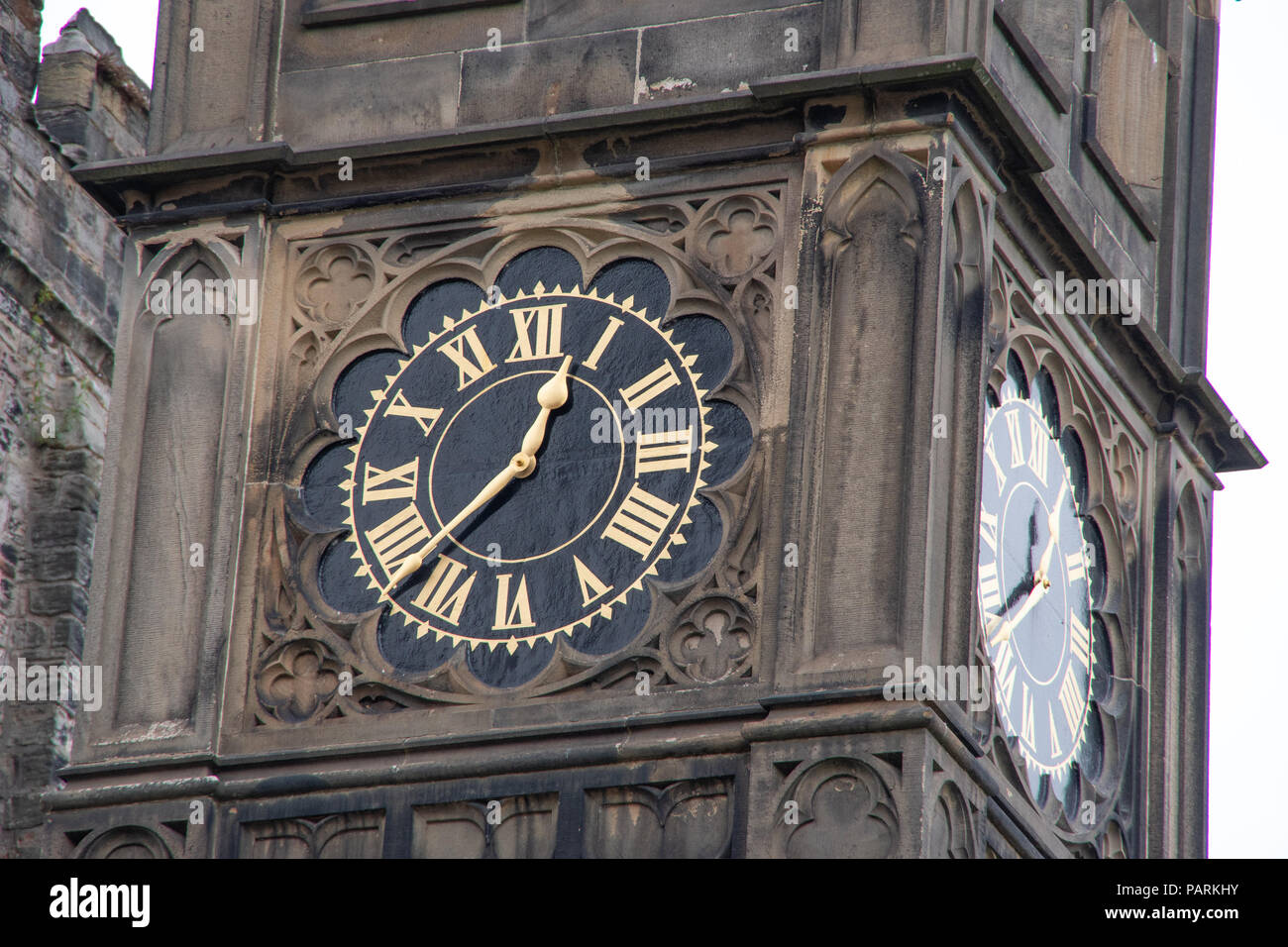 Clock tower detail images of the outside of the historic building of Lancaster Castle in the city of Lancaster, UK Stock Photo