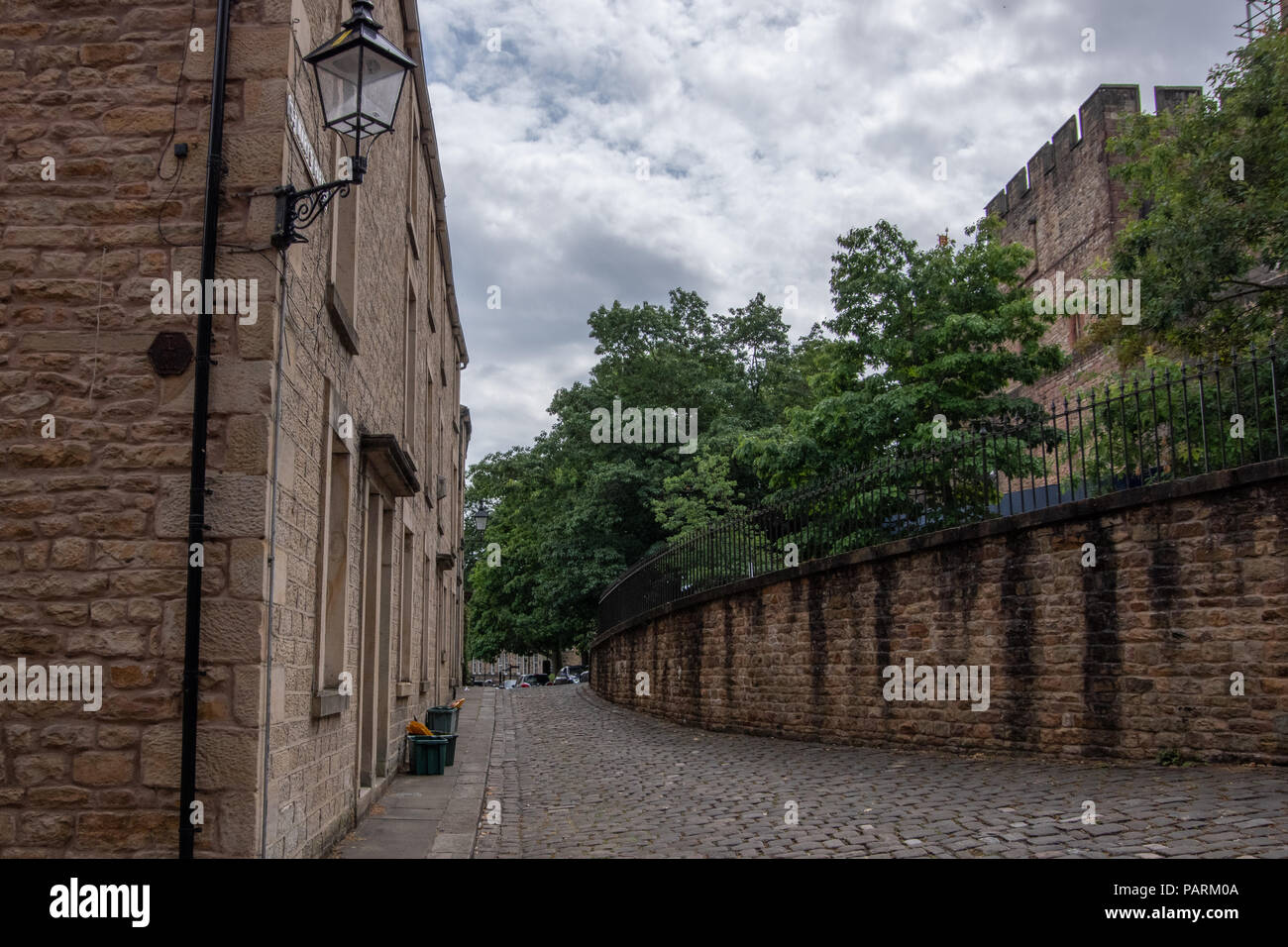 Lancaster city centre around the castle area with streets lined with