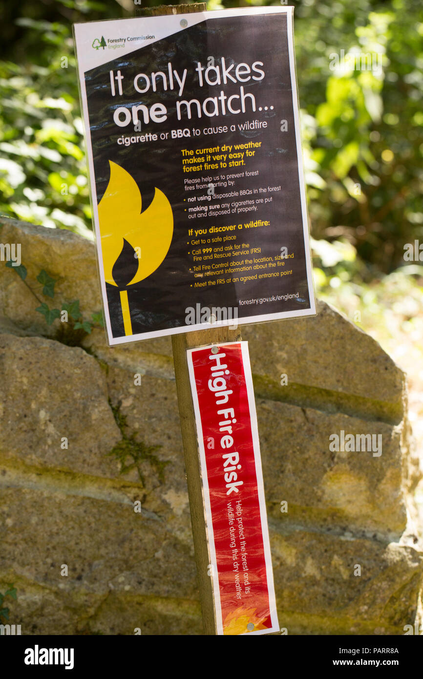 A Forestry Commission sign warning of the risk of fire during the UK 2018 heatwave near Wareham Dorset England UK GB Stock Photo