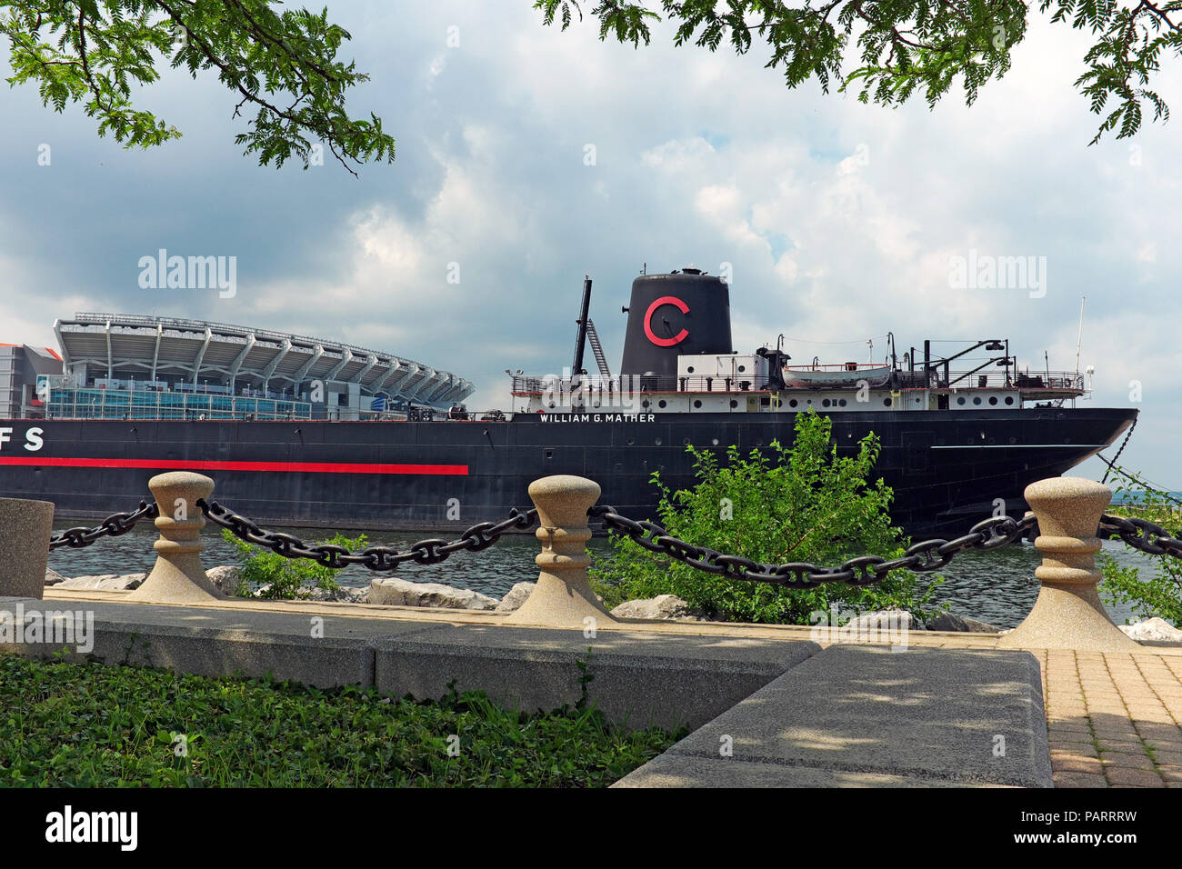 The William Mather Steamship, now a maritime museum, moored in the Cleveland, Ohio Northcoast harbor across from Voinovich Park on Lake Erie. Stock Photo