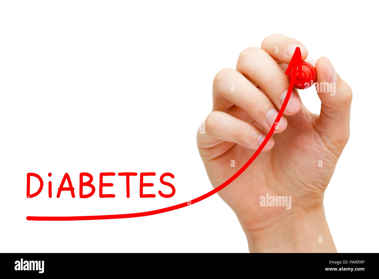 Hand drawing an arrow going up with red marker on transparent wipe board to illustrate the increasing incidence of diabetes. Stock Photo